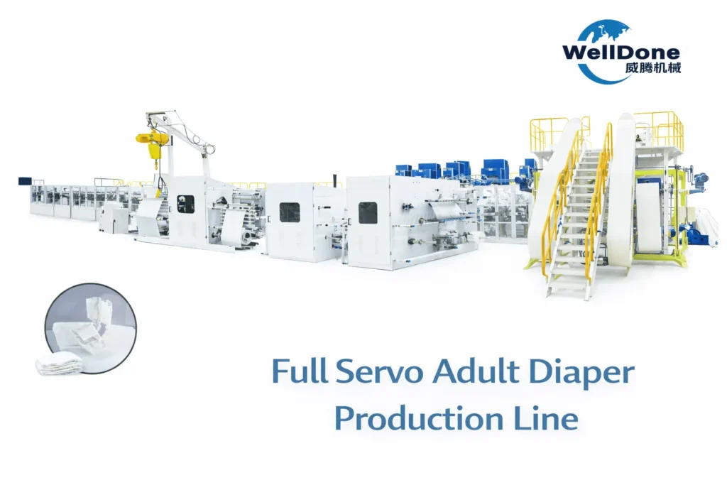 Frequency full servo adult diaper production line by Welldone Machinery, showing full automatic production line with unwind, forming, cutting and stacking units