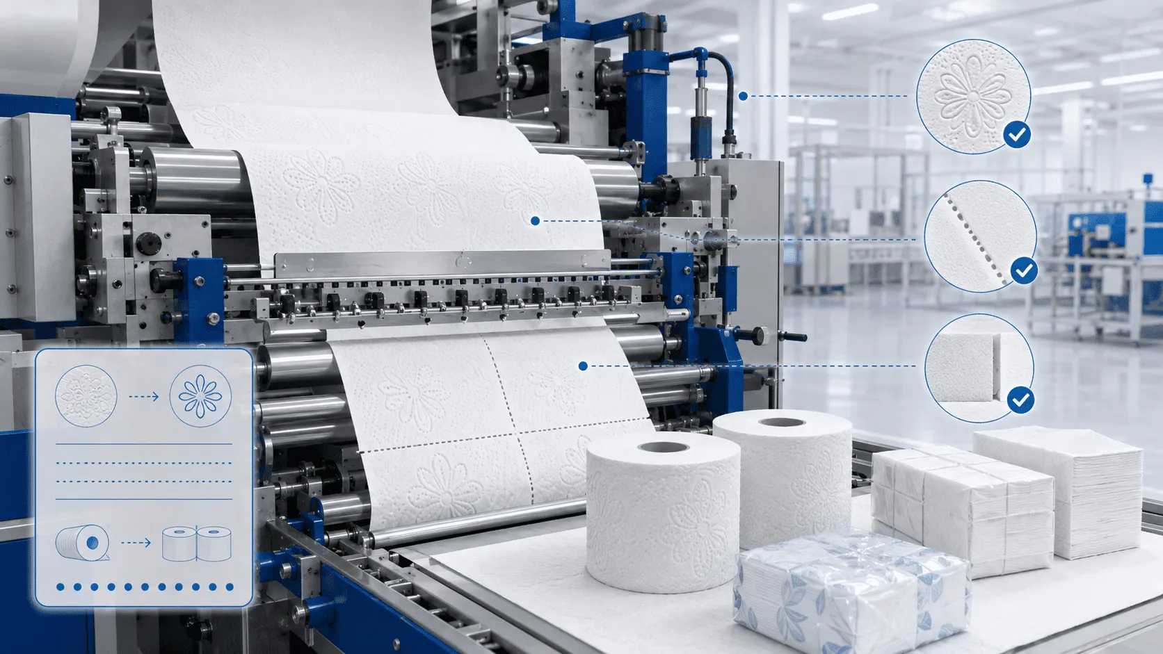 Embossing perforation and cutting precision for tissue paper machine