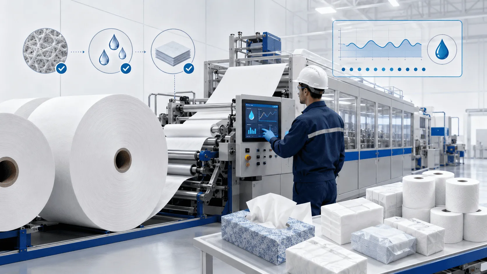 Raw paper quality and moisture stability for tissue paper making machine