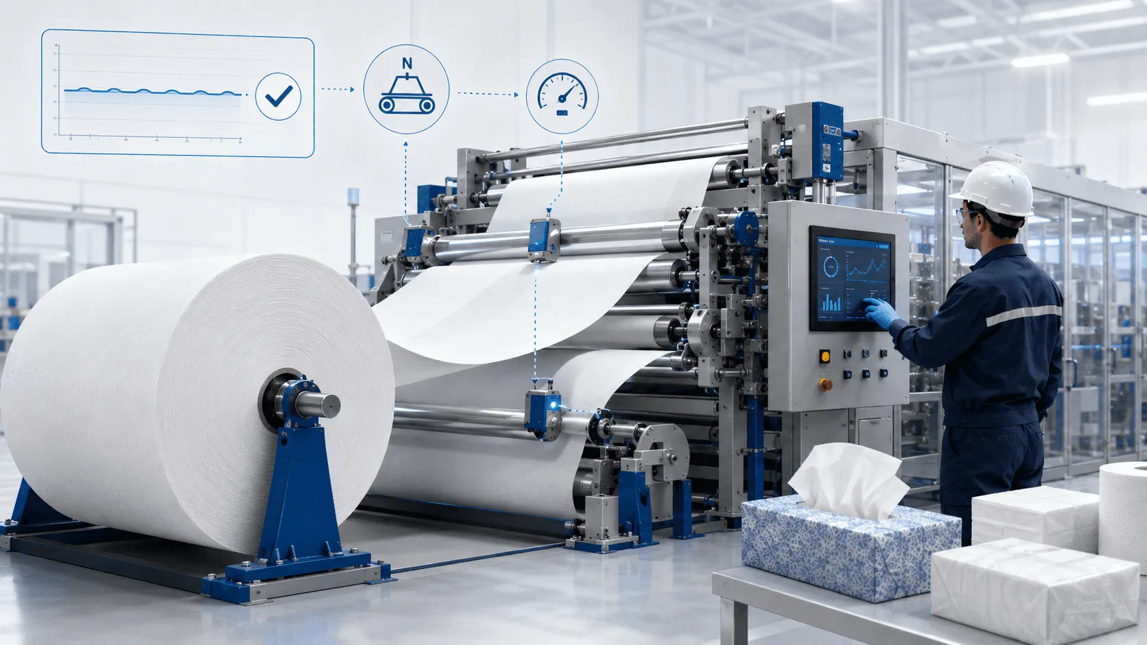 Unwinding and tension control for tissue paper making machine