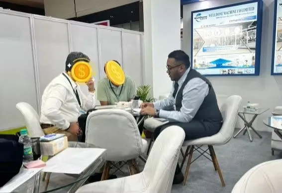 Mostafa meeting customers at Egypt exhibition for hygiene machinery projects