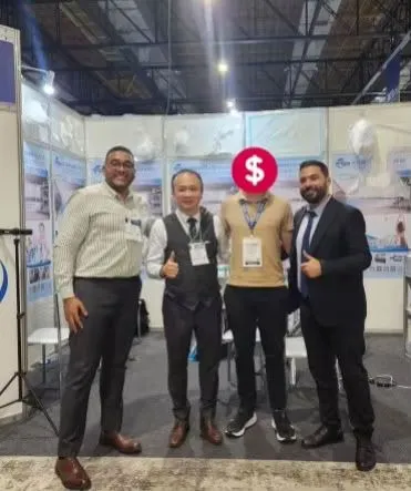 Mostafa taking customer photo at Egypt hygiene machinery exhibition
