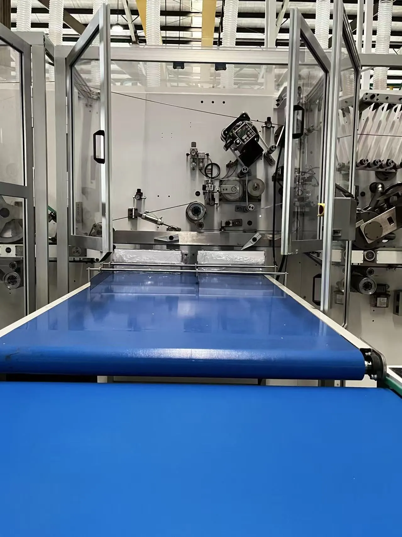 Straight pad output station on a Welldone S3 sanitary napkin line — compact 600-piece-per-minute entry-configuration servo line for single-buyer private-label programs