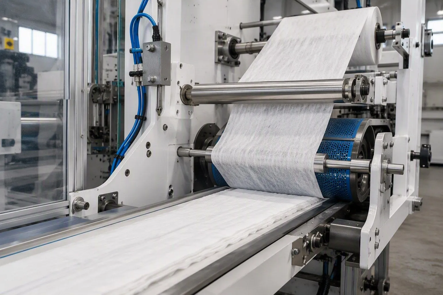 Acquisition and distribution layer web converging with a formed absorbent core at the lamination station of a hygiene converting line
