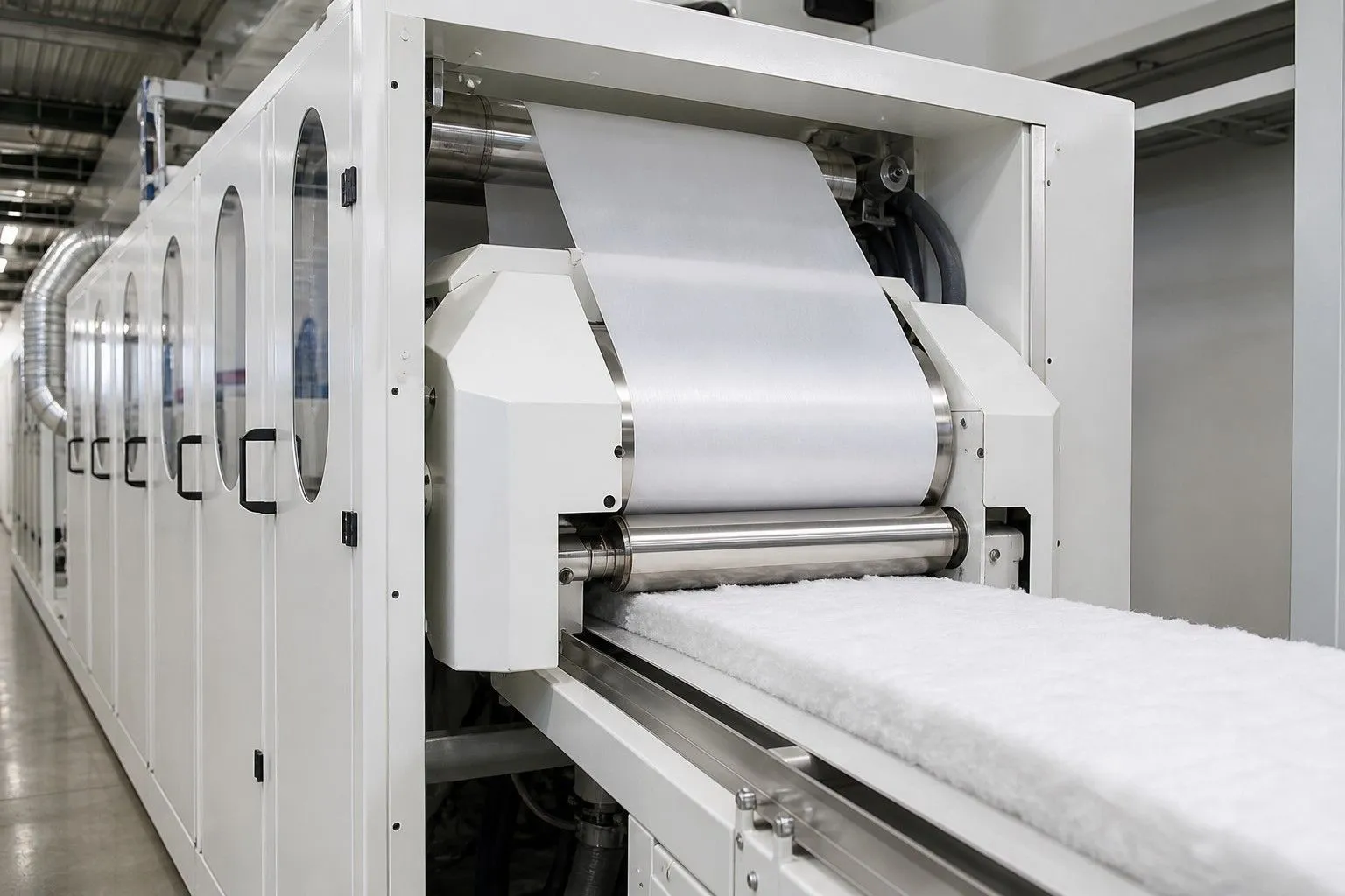 Core forming station producing a thick adult diaper absorbent core on a white enclosed production line