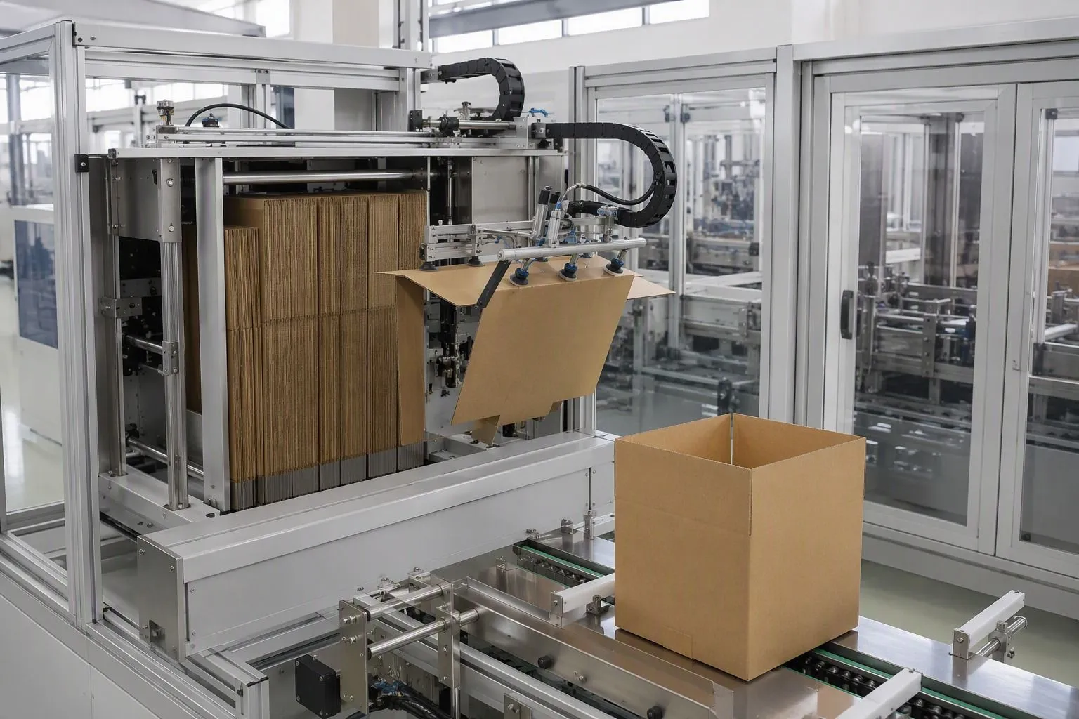 Carton erecting station pulling a flat corrugated blank from the magazine and forming it into a squared open carton