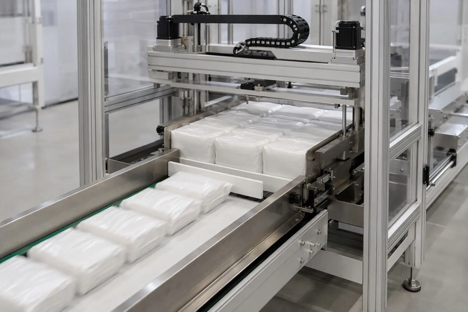 Sealed hygiene product bags being collected into a squared group block on an automatic case packing line
