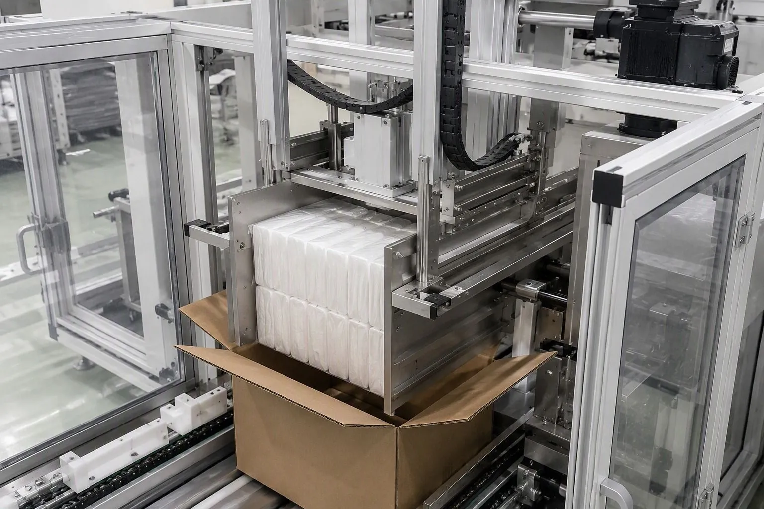 Grouped block of hygiene product bags being lowered into an open carton at the drop loading station of a case packer