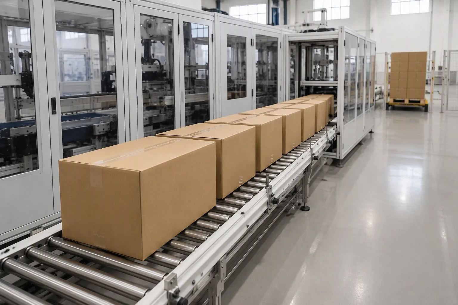 Row of identically filled and sealed cartons discharging from an automatic case packer toward the palletising area