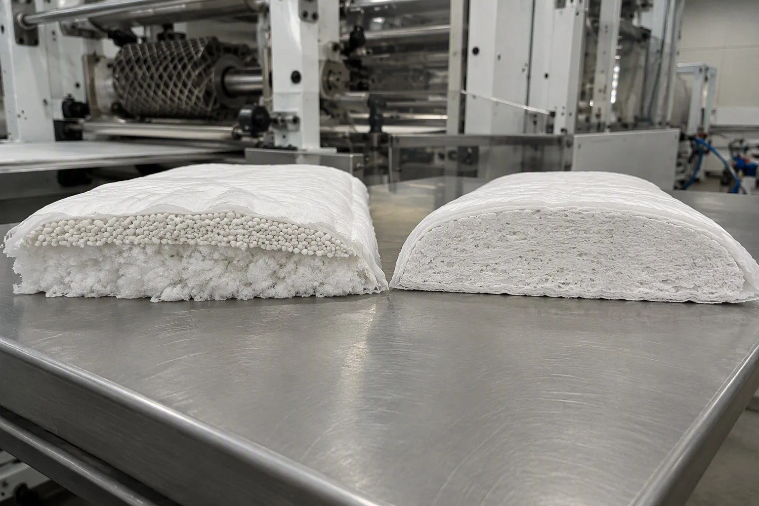 Two absorbent cores compared side by side, one with superabsorbent granules concentrated near the surface and one with granules evenly dispersed through the fluff depth